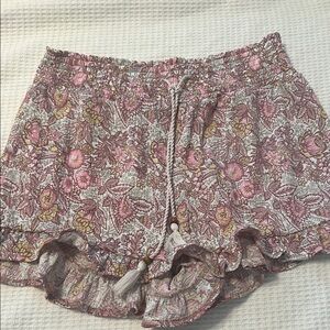 High Waist Pink and White Floral Shorts with Ruffled Hem